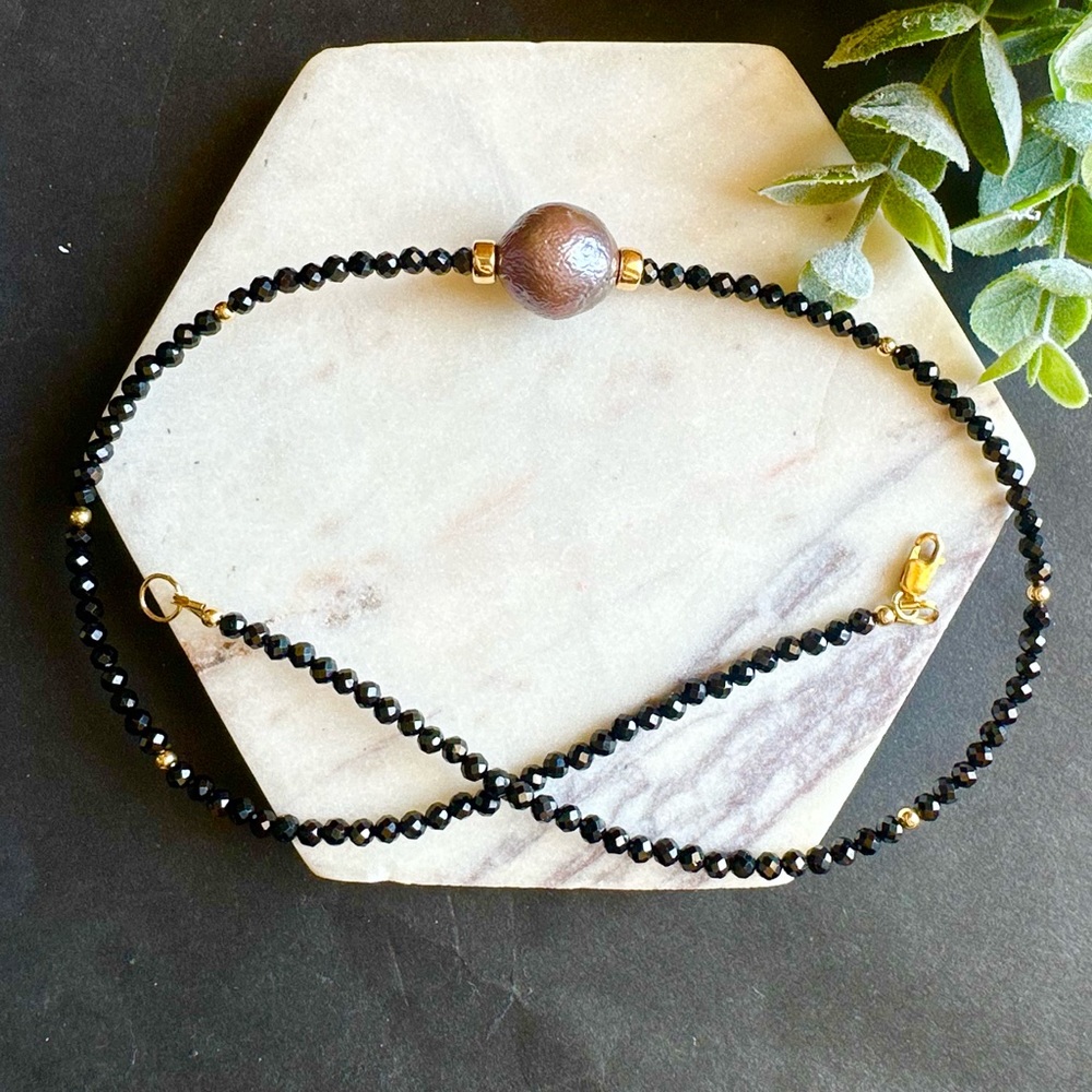 Real Pearl Black Tourmaline Necklace Choker beaded 14k Gold Filled women jewelry